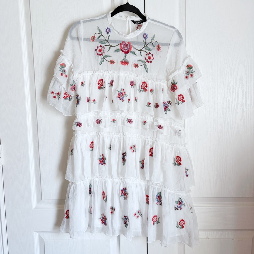 Zara White Tiered Dress with Red & Green Floral Embroidery